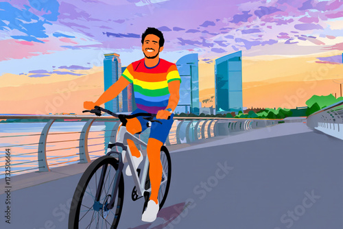 Man in rainbow shirt rides bicycle by modern city waterfront at sunset