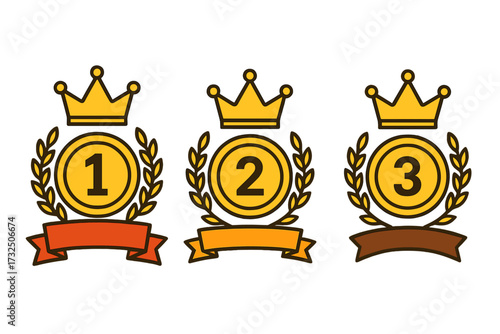 Set of three winning medals with crowns and laurel wreaths, golden award badges for 1st, 2nd, and 3rd place honors, victory symbols and champion accolades with colorful ribbons design