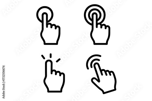 Minimalist vector illustration of hand cursor clicking and tapping icons, touchscreen finger press gesture, user interface interaction set, smart device control symbols