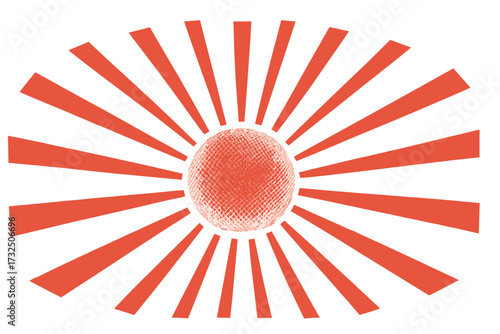 Abstract red sunburst rays vector illustration with textured central circle, dynamic radial pattern, bright energy design, modern symmetrical graphic, light burst concept for backgrounds and branding