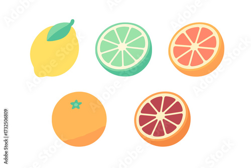 Bright and fresh citrus fruit collection featuring whole and sliced lemon, lime, orange, grapefruit, and blood orange