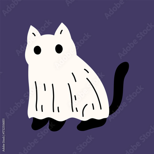 Cute black cat dressed as a ghost for Halloween. Cartoon illustration with spooky and funny style on dark background. Perfect for holiday decoration, cards and design.