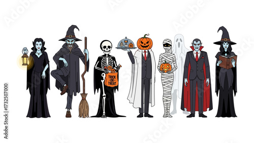 Spooky Squad Lineup: A lineup of diverse Halloween characters, captured in a vibrant illustration, ready for a night of frights and fun.