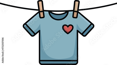 Cartoon T-Shirt with Heart Symbol Hanging on a Clothesline