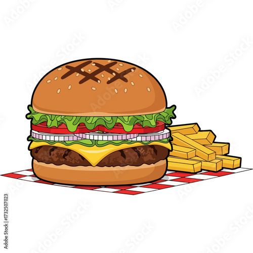 A delicious diner-style cheeseburger and fries, the ultimate comfort food. This illustration captures the satisfying experience of a classic fast food meal.