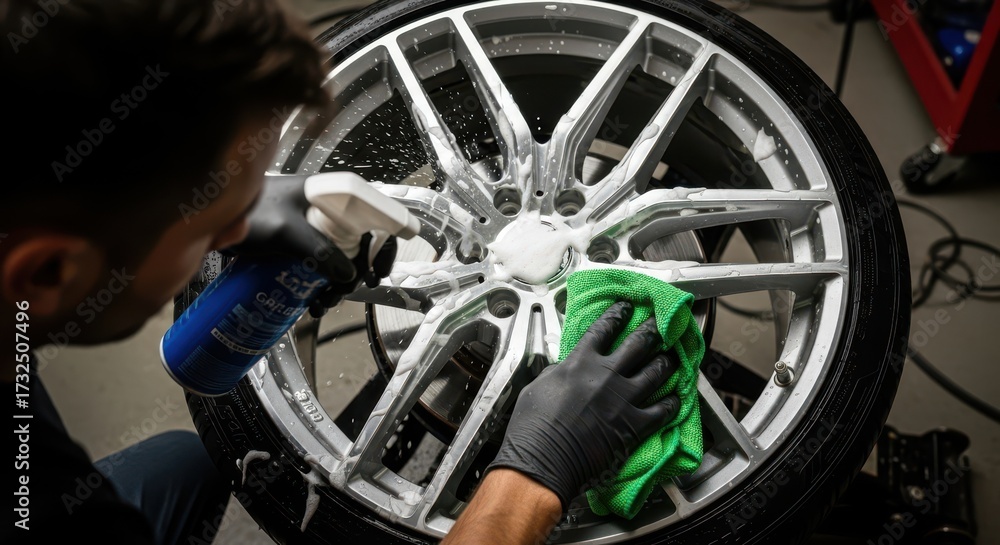 Obraz premium Car Wheel Cleaning Process Using Foam Spray And Microfiber Cloth