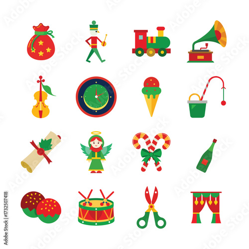 Christmas Icons With Violin Gramophone Candy Cane And Angel gift bag santa sack