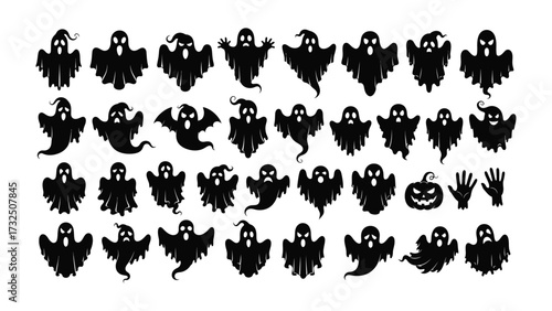 Spooky Spirits: A hauntingly cute collection of ghostly figures in various forms and poses, perfect for Halloween festivities or adding a touch of spectral charm to any project.