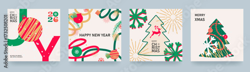 Set of Christmas and New Year cards. Vector illustration concepts for background, greeting card, party invitation, banner, social media. Strokes, Christmas balls, trees, gradients. Vector