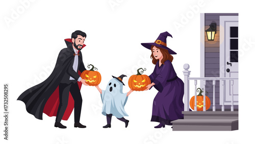 Enchanting Halloween Gathering: A family dressed in classic costumes joyfully presents carved pumpkins on a festive porch. A captivating illustration perfect for seasonal celebrations.