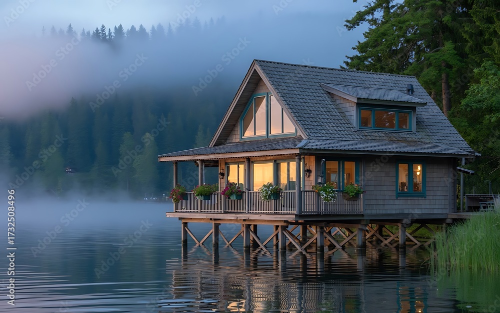 Fototapeta premium Charming boathouse on a misty lake at sunrise