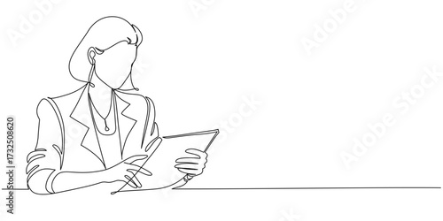 Continuous line drawing of a woman reading a document. Vector eps