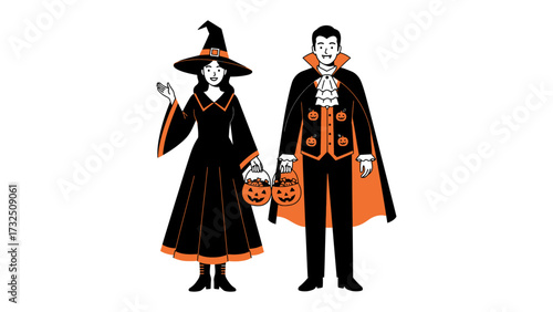 Spooky Halloween Duo: A stylish pair embodying the spirit of Halloween, with a witch in classic attire alongside a dapper vampire, ready to embrace the enchantment of the night.