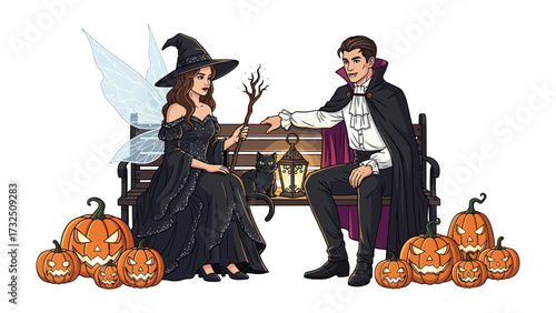 Halloween Fantasy: A dark-clad witch converses with a vampire near carved pumpkins in an alluring illustration, depicting the spirited essence of Halloween night.