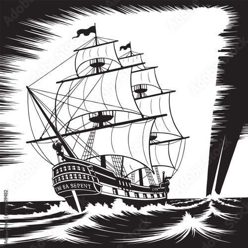 Vintage sailing ship at sea with lighthouse beacon guiding through ocean waves, monochrome woodcut style illustration