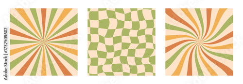 Set of abstract retro backgrounds with rays, waves, and checkered patterns in green, orange colors. Vintage optical illusion style design. Perfect for posters, print, banners with a 70s aesthetic.