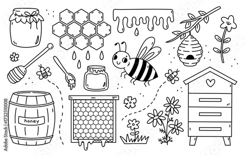A cute beekeeping set with jars of honey, a beehive, honeycombs, a wooden barrel, cute bees and flowers. Vector hand-drawn illustration in doodle style. Perfect for decoration and various designs.