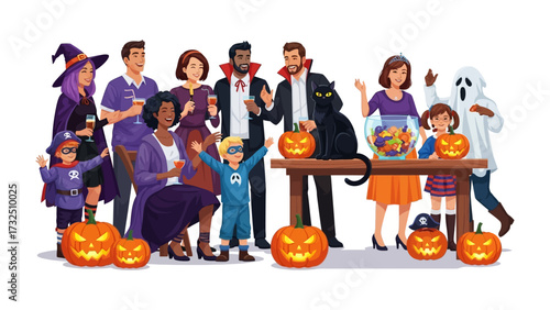 Spooky Halloween Gathering: A festive Halloween scene features a collection of people dressed in various costumes, from vampires to witches. A black cat sits atop a table adorned with pumpkin decor.