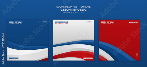 Set of carousel post template, with realistic blue, white, and red 3D objects, suitable for Czech Republic Independence Day