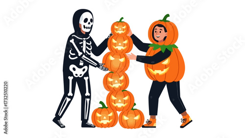 Halloween Harmony: Two individuals in costumes build a festive tower of carved pumpkins, creating a spooky yet cheerful scene that captures the essence of Halloween.
