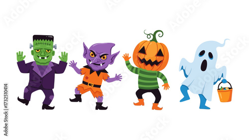 Halloween Costume Party: A playful group of cartoonish Halloween characters. The festive ambiance creates a spooky and merry atmosphere perfect for any celebratory occasion. 
