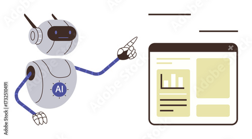 Robot with AI badge pointing to a browser window with charts, text boxes, and diagrams. Ideal for technology, machine learning, data analytics, automation, innovation, education futuristic design