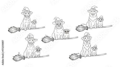 Halloween Canine Caravan: A whimsical, artistic representation of various dog breeds and companion cat, all donning witch hats, soaring on broomsticks, a perfect image for Halloween.