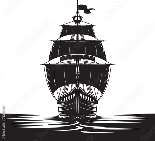 Vintage sailing ship at sea with lighthouse beacon guiding through ocean waves, monochrome woodcut style illustration