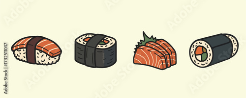 Four different types of sushi rolls and sashimi pieces displayed in a row  bundle design