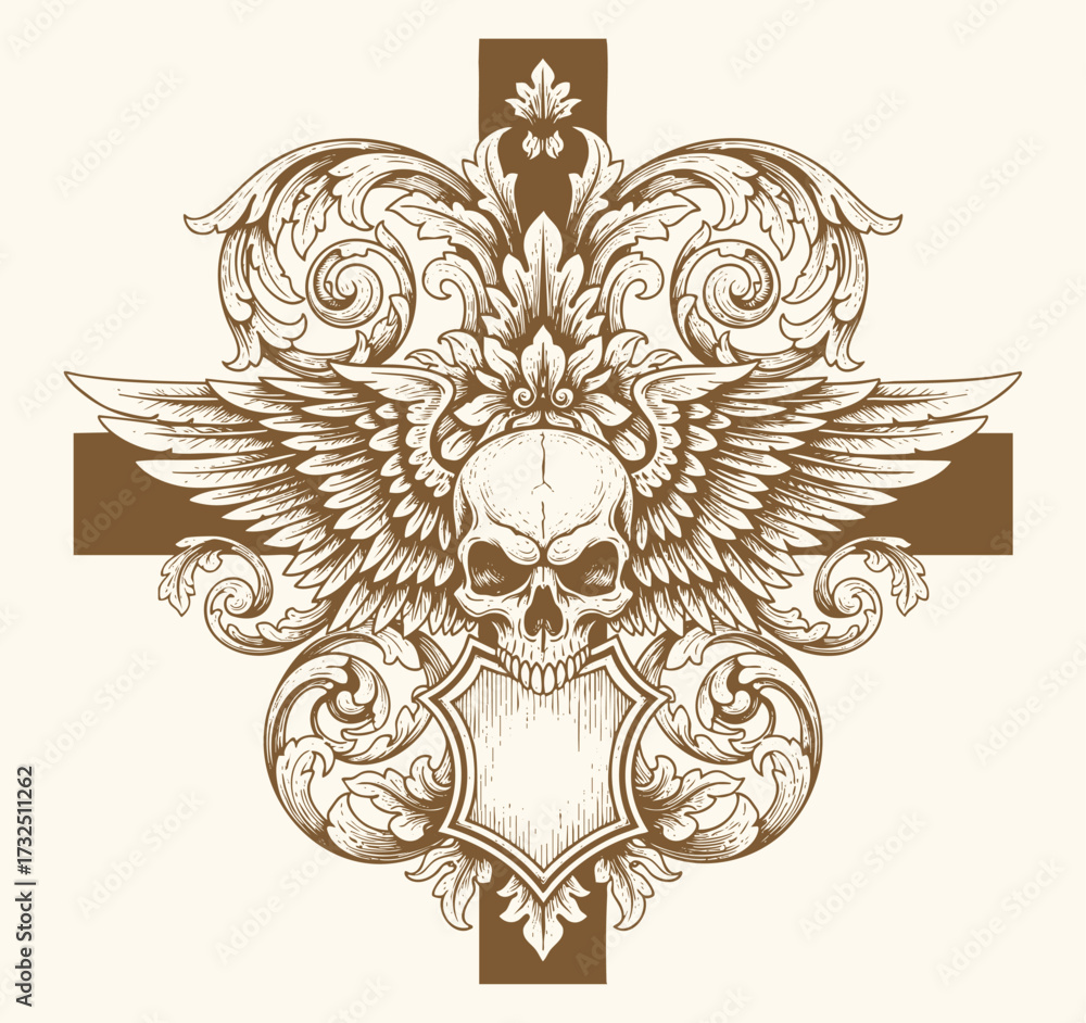 Fototapeta premium Ornate vintage engraving of skull with compass rose, surrounded by swirling victorian baroque floral flourishes.tattoo design