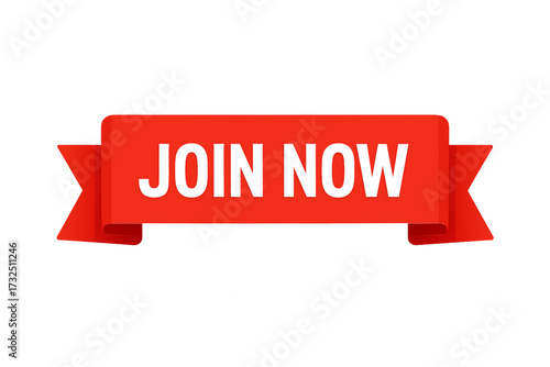 Red ribbon banner with bold white text "JOIN NOW". Eye-catching call-to-action design for memberships, clubs, promotions, websites, apps, ads, events, banners, and digital marketing campaigns.