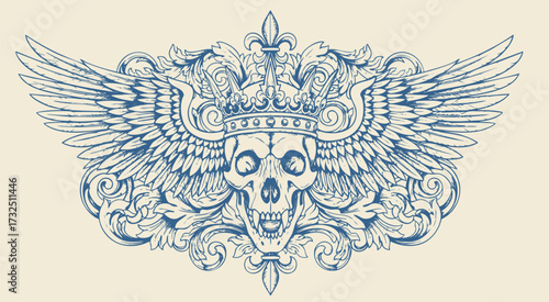 Ornate vintage engraving of skull illustration, surrounded by swirling victorian baroque floral flourishes.tattoo design