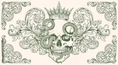 Ornate vintage engraving of skull with compass rose, surrounded by swirling victorian baroque floral flourishes.tattoo design