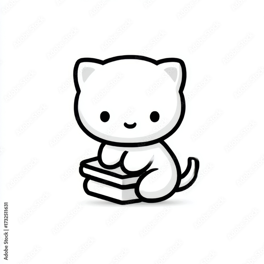 Fototapeta premium Cute Cartoon Cat, happily sitting on books, against a white background