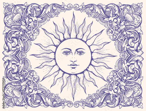 Ornate engraving of radiant sun with human face, surrounded by detailed decorative victorian floral border and flourishes.