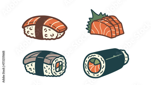 Assorted sushi and sashimi pieces displayed on a white background surface  bundle design