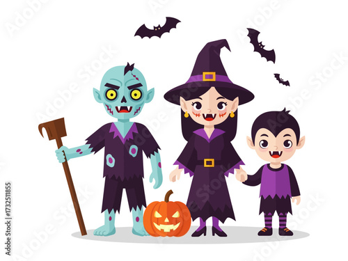 Halloween Gathering: In a vibrant illustration, a trio of Halloween characters, a zombie, a witch, and a vampire, come together. A spooky pumpkin and playful bats add to the festive scene. 