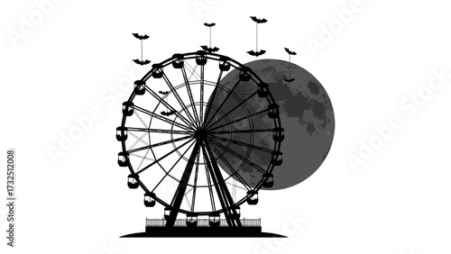 Ferris Wheel at Night: A stylized Ferris wheel silhouette dominates the scene against a moonlit sky, evoking a sense of nighttime amusement and gothic charm.