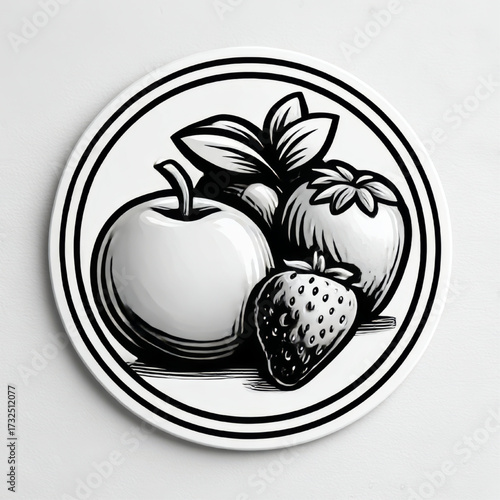 Engraved Fruit Emblem, in black and white, representing organic food and healthy eating