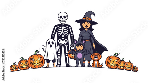 Halloween Family Gathering: A cartoonish illustration of a family dressed in Halloween costumes, including a skeleton, witch, ghost, and cat, surrounded by carved pumpkins.