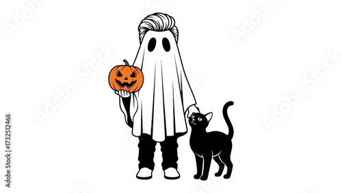 Spooky Season's Friendly Gathering: An illustrated ghost stands in anticipation, holding a carved pumpkin, a black cat is by his side ready for Halloween festivities.