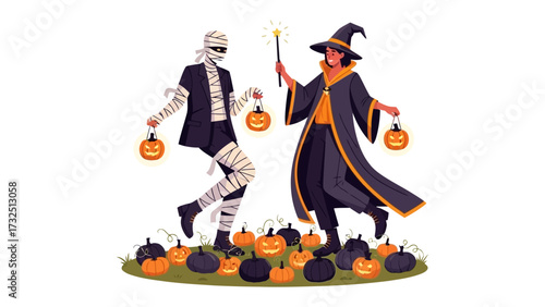 Halloween's Magical Gathering: In a vibrant scene, two figures, a mummy and a witch, engage in a whimsical Halloween dance, surrounded by an array of pumpkins and illuminated by a magic wand.