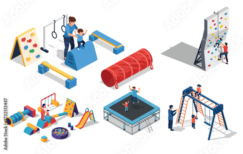 Isometric Illustration of Colorful Playground Equipment for Outdoor Activity Fun Place