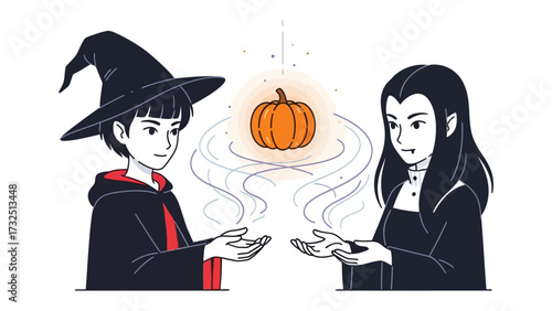 Magical Harvest: A bewitching scene unfolds as two figures conjure a glowing pumpkin, hinting at autumn's enchantment. 