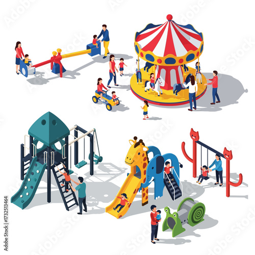 Isometric Illustration of Colorful Playground Equipment for Outdoor Activity Fun Place