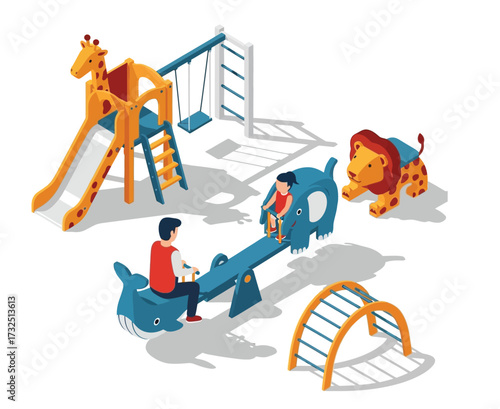 Isometric Illustration of Colorful Playground Equipment for Outdoor Activity Fun Place