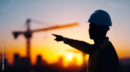 青いヘルメットをかぶった建設作業員が夕暮れ時の街を指差す