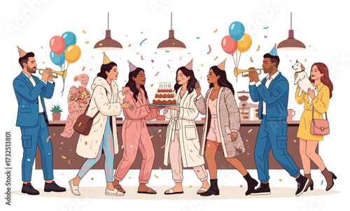 Happy people celebrating birthday party with cake. Corporate office team during holiday celebration, banner with colleagues, confetti. Flat graphic vector illustration