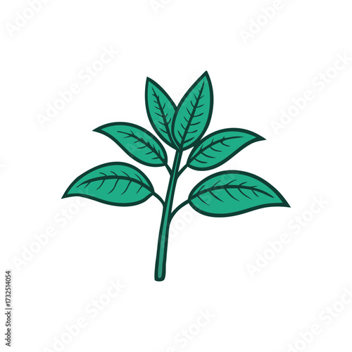 Stylized green branch with multiple leaves against a solid black background