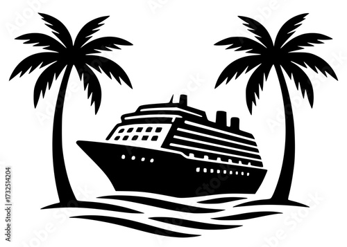 Tropical Cruise Ship Between Two Palm Trees Silhouette, cruise, ship, tropical, travel, vacation